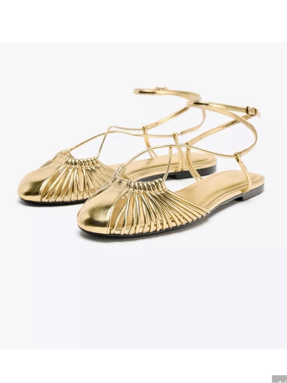 Zara Metallic Gold Strappy Flat Sandals